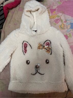 Girls' Cream Fuzzy Hoodie with Sequin Animal Face